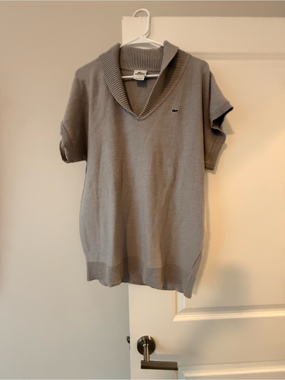 Lacoste Light Gray Short Sleeve Shawl Collar Knit Top